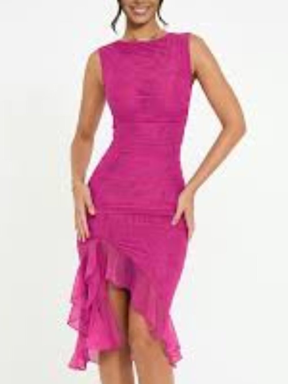 Hot Pink Mesh Ruched Midi Dress Asymmetric Ruffle Hem Size Medium